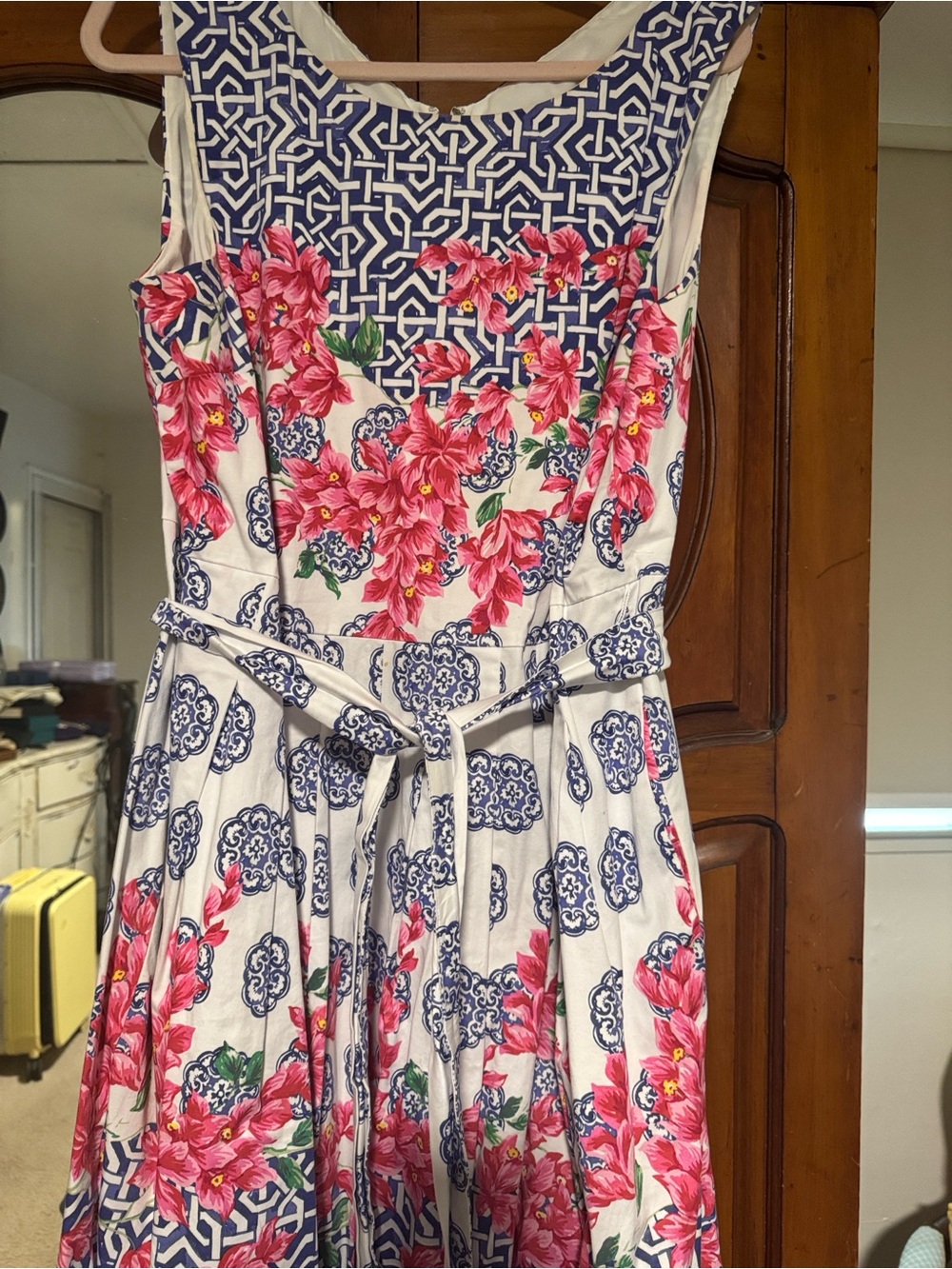 Talbots White Sundress with Pink Floral & Blue Geometric Trim